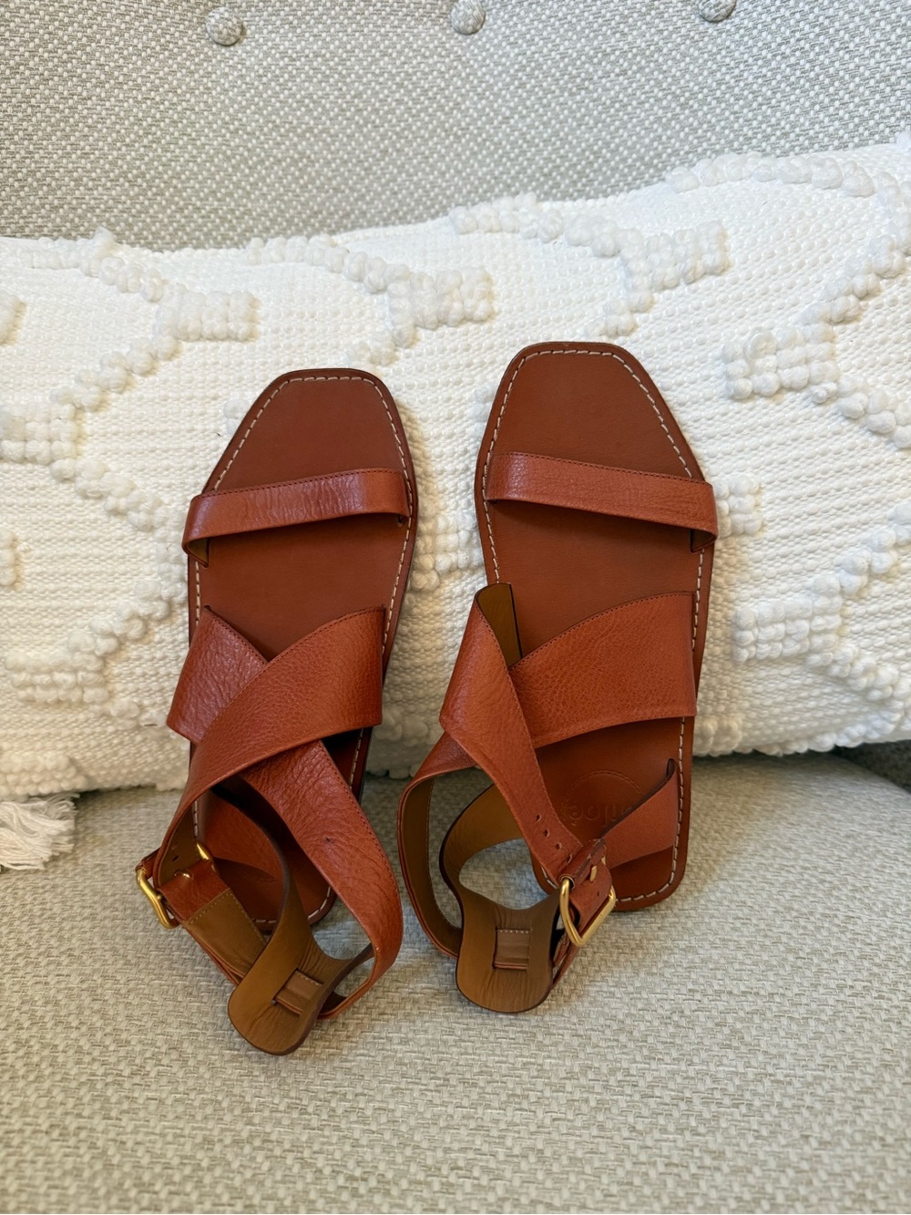 Chloe Tan Leather Crisscross Strap Sandals with Gold Buckle